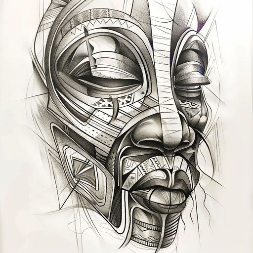 African mask tattoo design with fine lines and detailed shading on white canvas