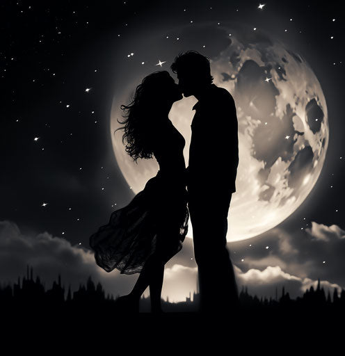 Couple silhouette near moon under cloudy sky