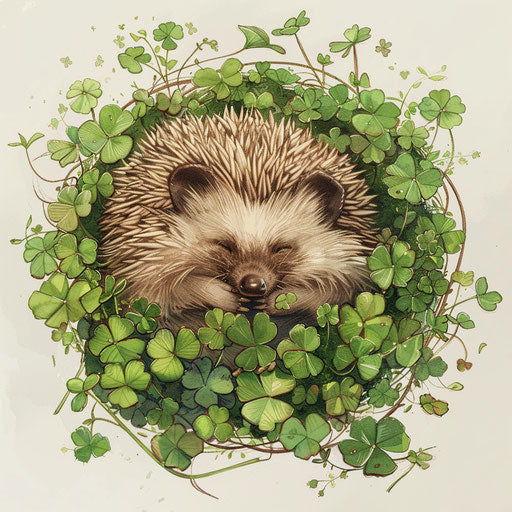 Hedgehog in a patch of clover, symbol of luck and prosperity