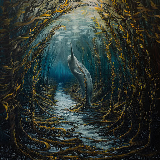 A narwhal's tusk creating a passage in a thick underwater kelp forest