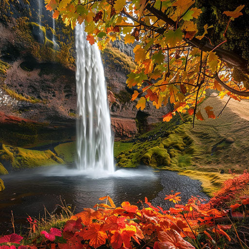 Waterfalls in Iceland in autumn with colorful foliage