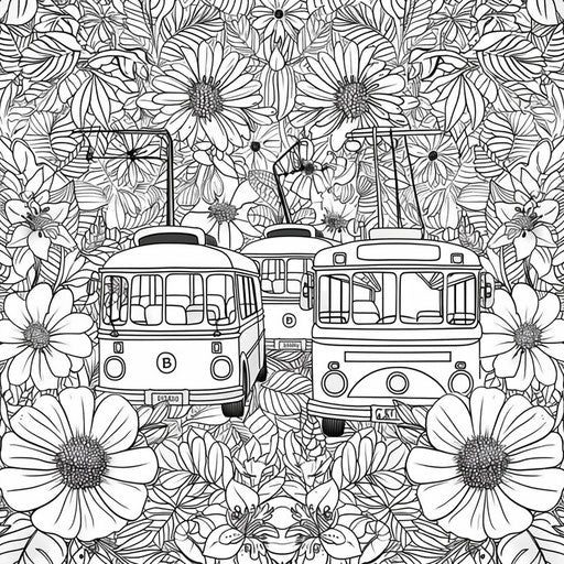 Intricate floral jungle with whimsical buses