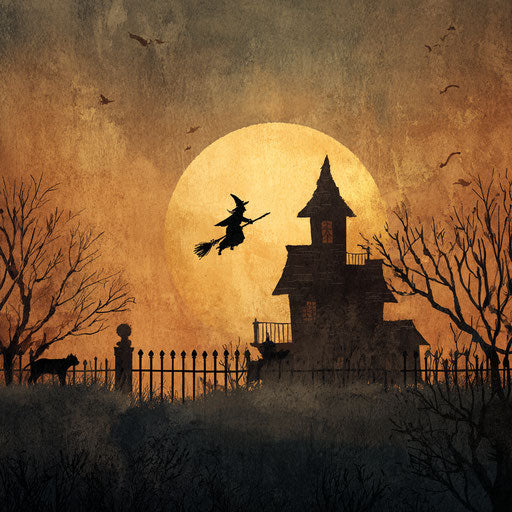 Spooky Halloween Scene with a Witch and Black Cat
