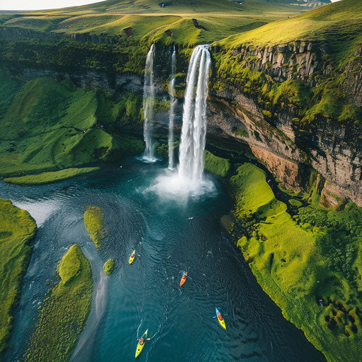 Seljalandsfoss Waterfall, Iceland, with kayakers