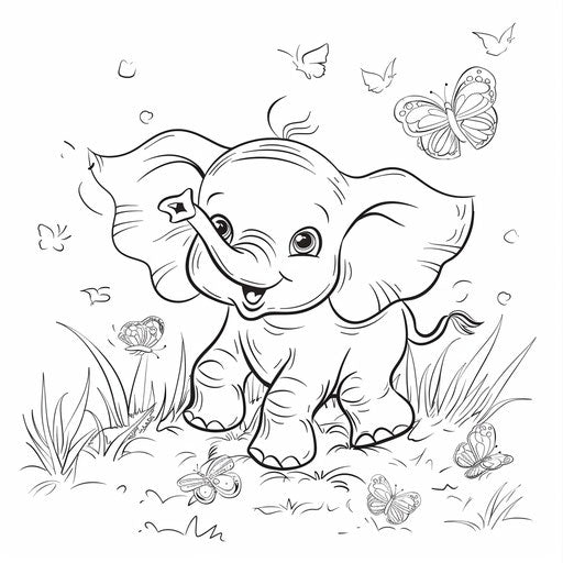 Young cute elephant playing with butterflies in a grassy field