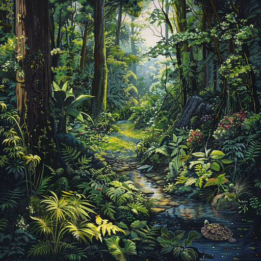 Overgrown forest clearing with stream, wood turtle exploring lush undergrowth