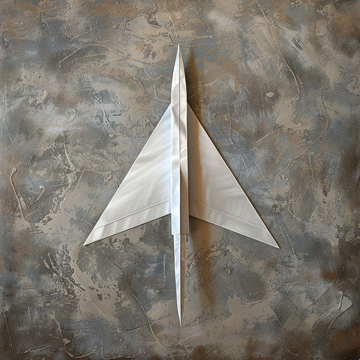 Paper airplane clipart in photorealistic style with flat random background, metallic sheen and realistic textures