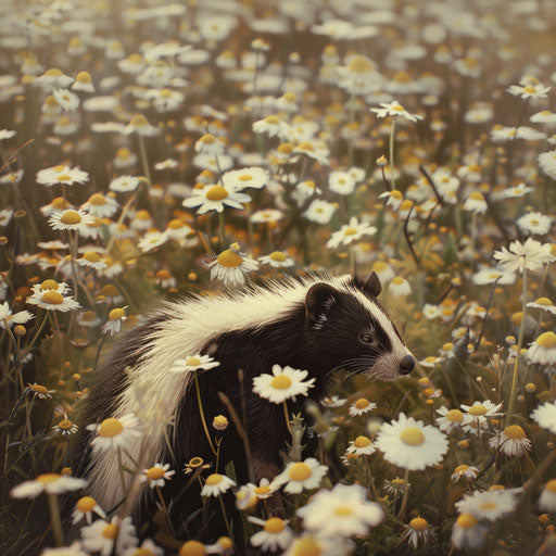 A skunk standing in a field of daisies in the style of Gregory Colbert
