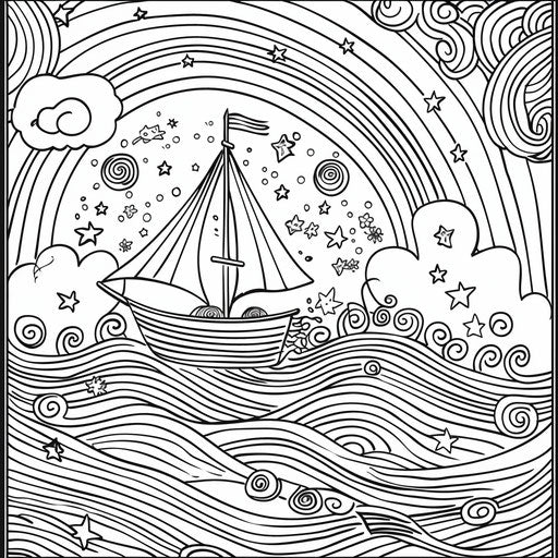 Boat sailing in a rainbow-colored ocean