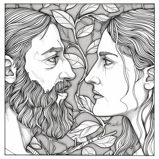 Adam and Eve looking with curiosity and innocence