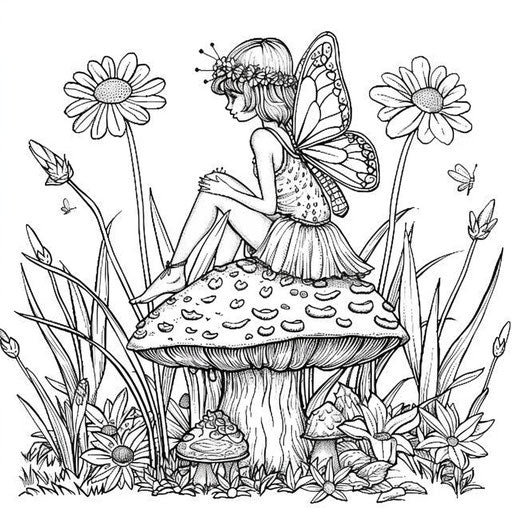 Fairy on mushroom with spring flowers, coloring book page
