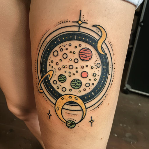 Flat tattoo sketch of space theme: full moon, planets and stars