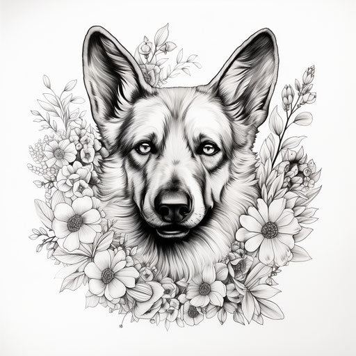 German shepherd dog drawing on white background black ink, flower and nature motifs, pop-inspired, emotive expression