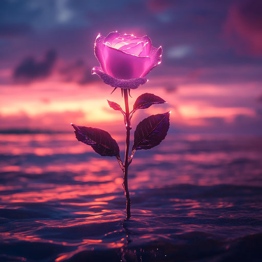 Pink rose in the sea at sunset