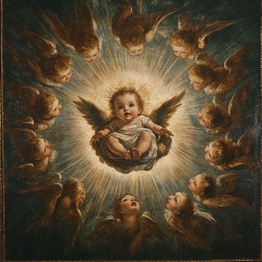 A celestial depiction of baby Jesus, with angels hovering in the sky, their faces filled with joy and adoration