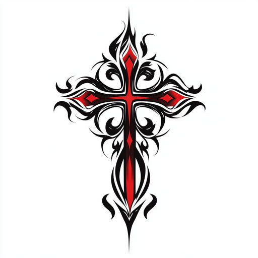 Stylized cross and flame in black and red on white