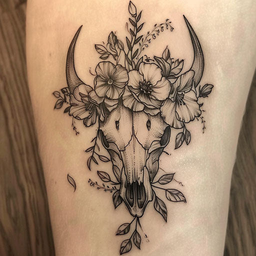 Nature-inspired bull skull tattoo