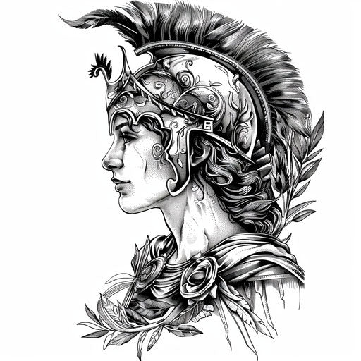 Monochrome illustration of Athena, goddess of wisdom, as a stunning Greek tattoo design on white background.