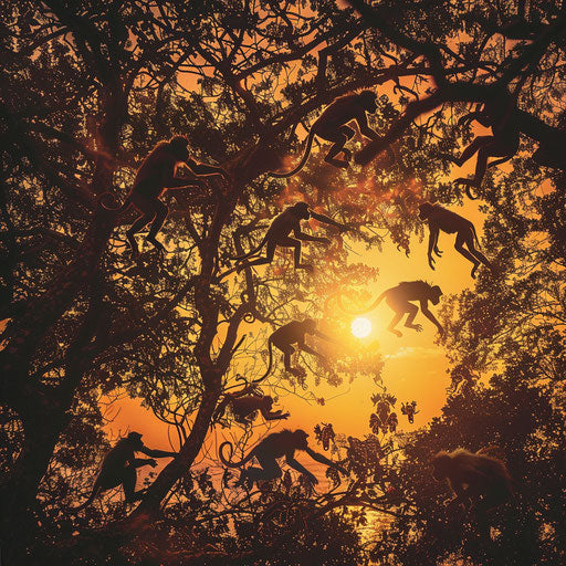 Monkeys racing through treetops chasing the sunset