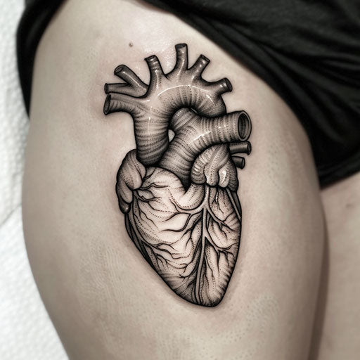 Anatomical heart tattoo in gothic style with dark tones - white background