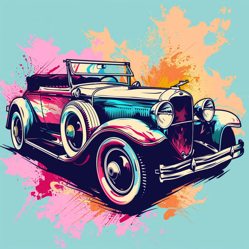 Flat tattoo sketch of a vintage car with vibrant colors