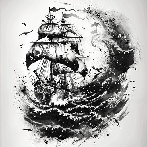 Dramatic sketch of a pirate ship in a stormy sea