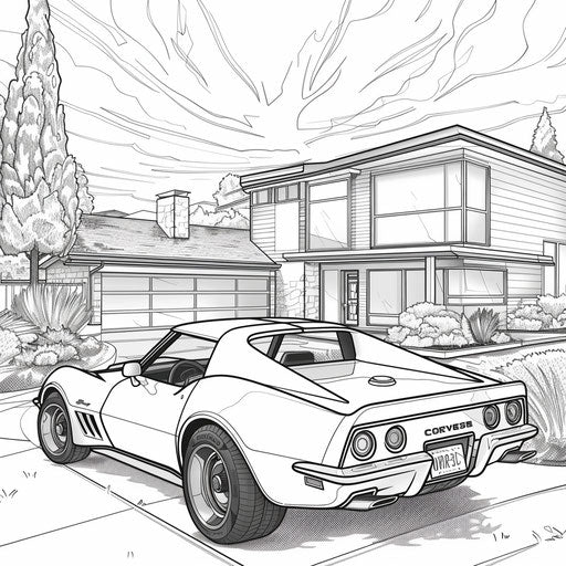 A Corvette parked in front of a stylish modern house. Coloring book page