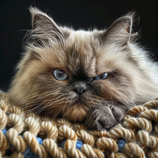 Himalayan cat lying on a knitted blanket