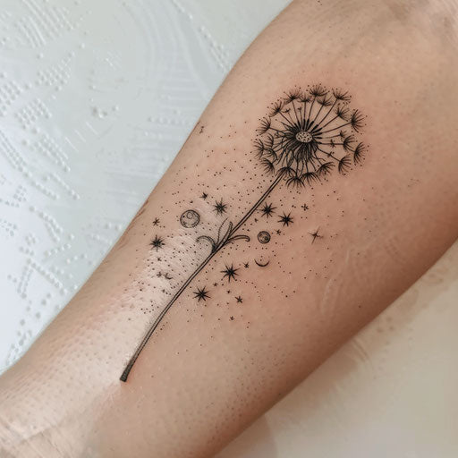 Dandelion tattoo with space elements on white background