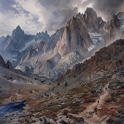 The Sierra Nevada Mountains with climbers on a rugged trail