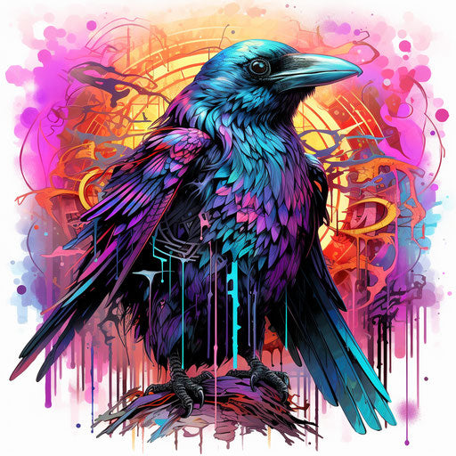 Rainbow-winged crow in detailed sci-fi style