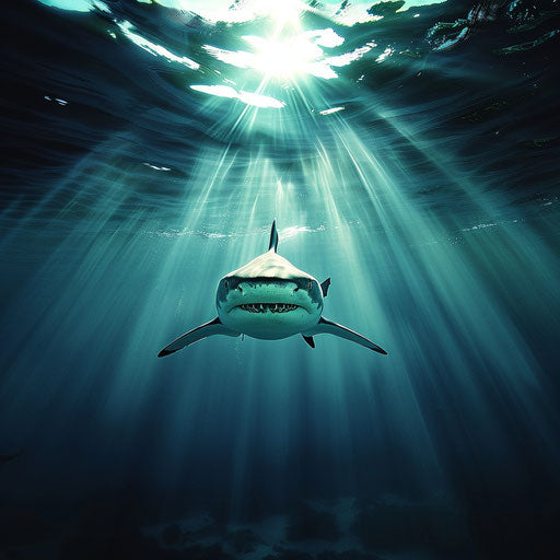 Tiger shark in a tranquil sea with rays of sunlight penetrating the water