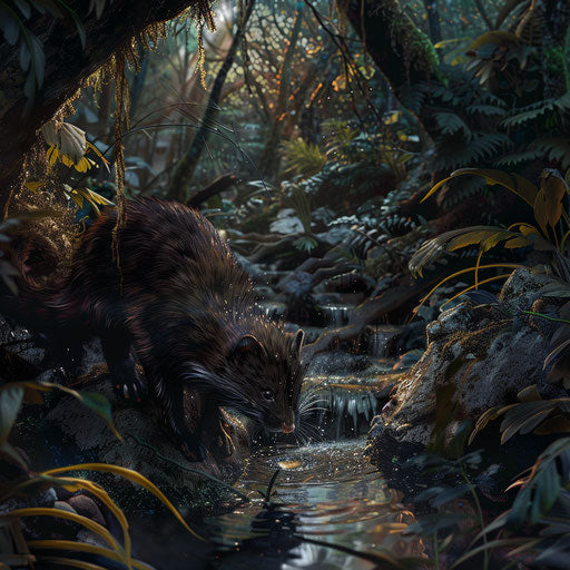 A wild mink pausing to drink from a babbling brook in a dense, vibrant forest