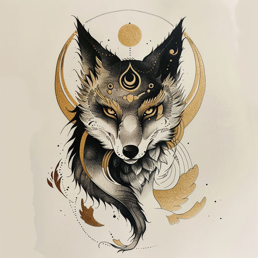 Symmetrical tattoo sketch of a kitsune in elegant flat design
