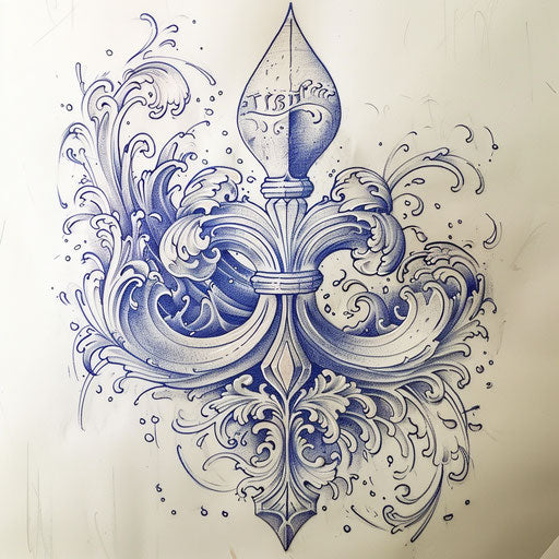 Nautical tattoo sketch with fleur de lis and maritime waves