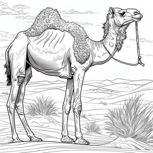 Camel in desert with sand dunes in background