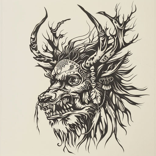 Cultural flat tattoo sketch of a Wendigo with Native American art motifs and symbols
