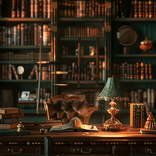 Book-scented study, filled bookshelves, copper green lamp on desk