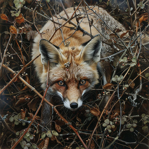 White tail fox navigating through a thicket of brambles
