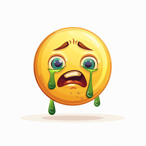 Yellow crying emoji with green tears on white background