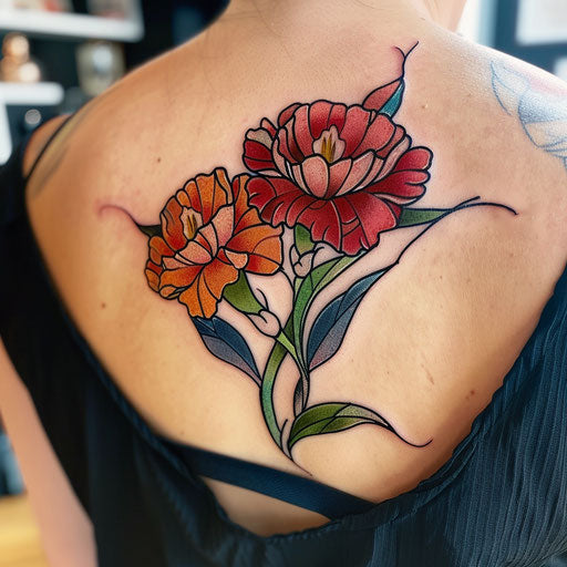 Stained glass inspired carnation tattoo on white background