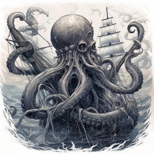 Flying octopus from boat, monochrome ink style