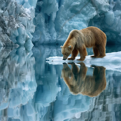 Glacial exploration of a grizzly bear in icy blue waters