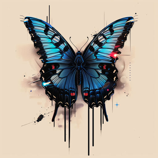 Blue butterfly in modern flat tattoo with digital pixel art