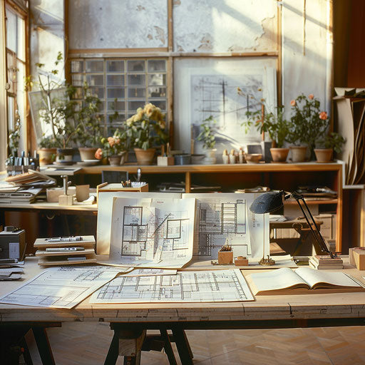 Serene architect's studio with blueprints and models