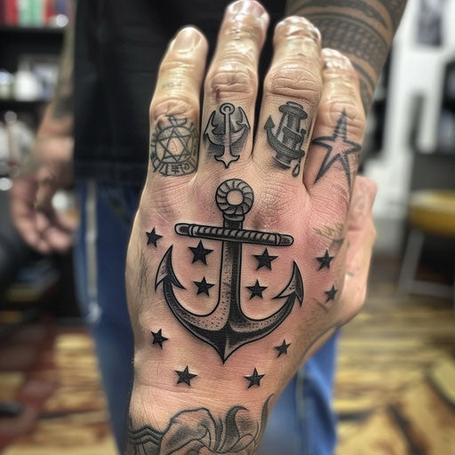 Finger tattoo with classic anchor and star motifs