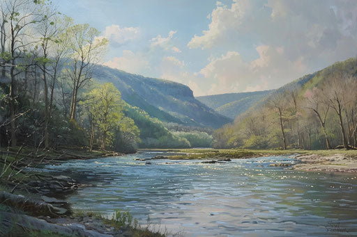 Pocono mountains, River flowing through valley, spring morning, plein aire