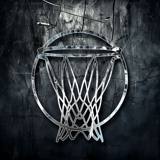 Basketball logo with a stylized hoop on a metallic silver background
