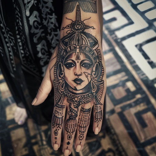 Epic hand tattoo narrative for women with ancient symbols