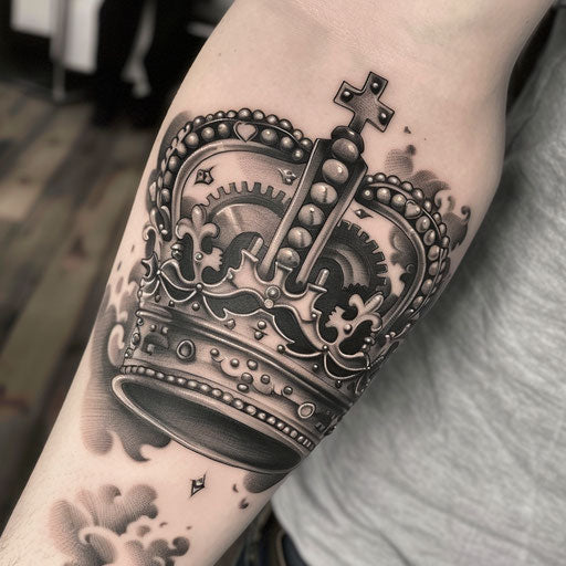 Surreal king crown tattoo blending clockwork and clouds in grayscale on white